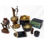 A box containing metalware including Clem travelling iron, brass vase, torch, etc.
