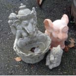 Three small concrete garden ornaments, comprising Ganesh holding lotus bowl, seated pig and