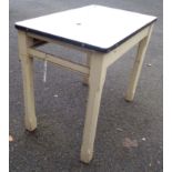 A 91cm vintage enamel topped preparation table, set on painted wood base with chamfered legs -