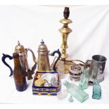 A bag of assorted metalware including brass lamp, silver plated coffee pot and water jug, etc.