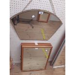 A vintage frameless fan shaped bevelled wall mirror - sold with three polished wood framed mirrors