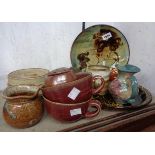 Eleven pieces of assorted studio pottery including Chelsea Pottery dish with horse pattern, mugs,