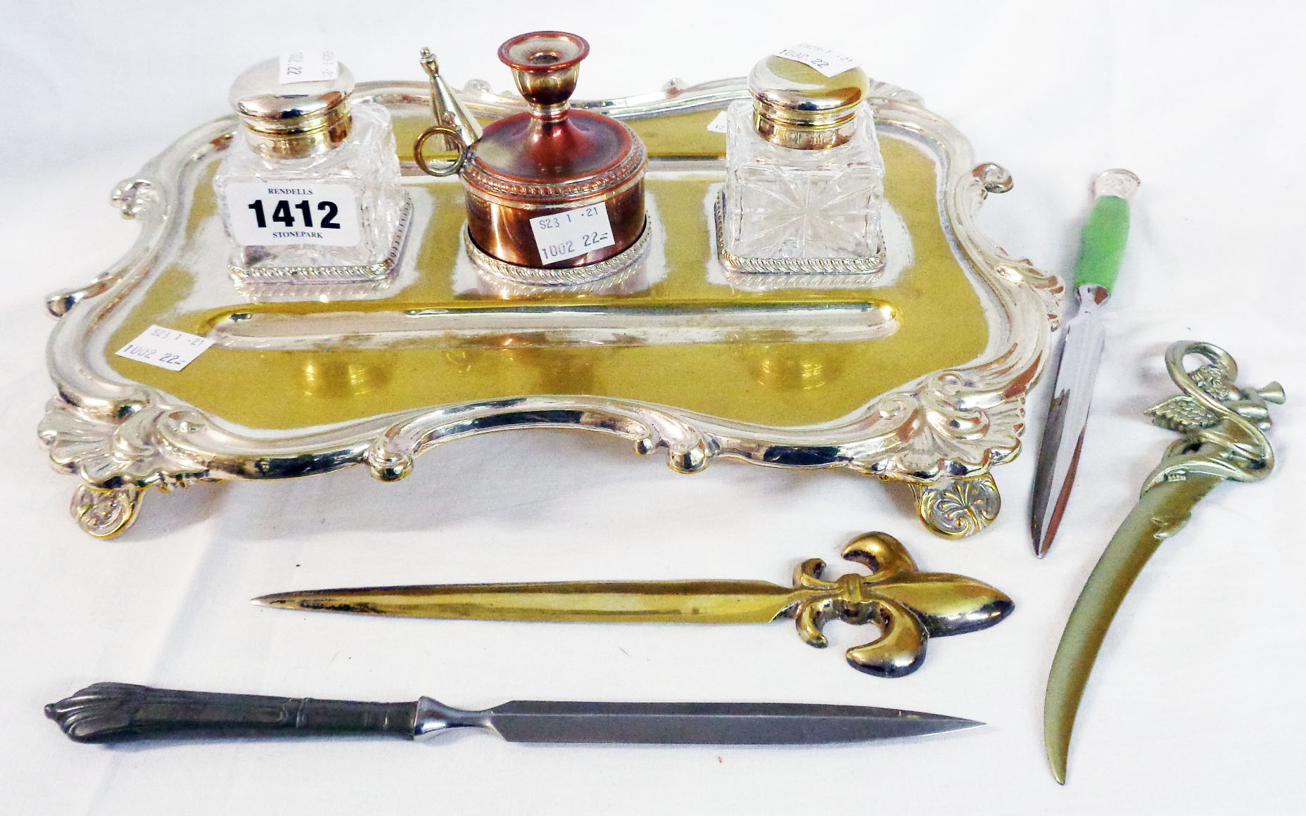 A silver plated inkstand and accessories