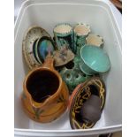 A box of Cornish and other studio pottery including Celtic Folk pattern mugs, Lamorna grotesque fish