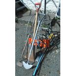 An assortment of garden items including galvanised hose reel, tools, etc.