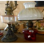 A Victorian table oil lamp with pink glass reservoir and cast iron base - sold with the reservoir,