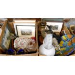 Two boxes of various items, including oil lamps, Japanese Moriage vases, vintage plates, brass
