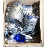 Two silver plated plant pot sleeves and a quantity of silver plated Kings pattern and other cutlery,