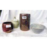 A Lowerdown Pottery Jeremy Leach celadon glazed lobed lidded jar, a Wrythen crackle glazed bowl, a