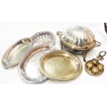 A silver plated roll-over breakfast dish, two entree dishes and an egg cruet