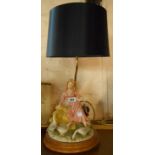 A Capodimonti table lamp depicting a girl with geese