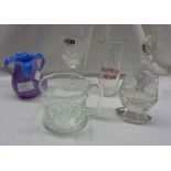 Five pieces of glassware including Frank Thrower Dartington mug, Mayflower goblet, scent bottle