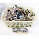 A quantity of silver plated items, vintage gilt metal hand mirror, brush and candlestick dressing