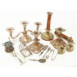 Various silver plated candlesticks and a mitre shaped toast rack, etc.