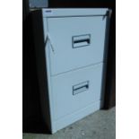 A modern two drawer metal filing cabinet with key