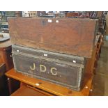 A 91cm 19th Century studded leather and tin bound hardwood linen trunk with painted initials to