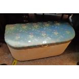 A 90cm vintage Loom style bow front ottoman linen chest with original upholstery and spray paint