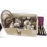 A quantity of silver plated items including various sporting trophy plates, ashtrays, cruet set,