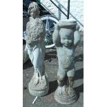 A concrete garden statue of a maiden - sold with a cherub pattern bird bath pedestal