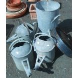 Three galvanized watering cans, a flower display and a riddle