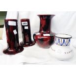 Four pieces of Candy Wescontree ware comprising a pair of cylindrical vases, a baluster vase with
