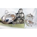 A quantity of silver plated items, including meat dome, gravy boat, pierced dish, etc.