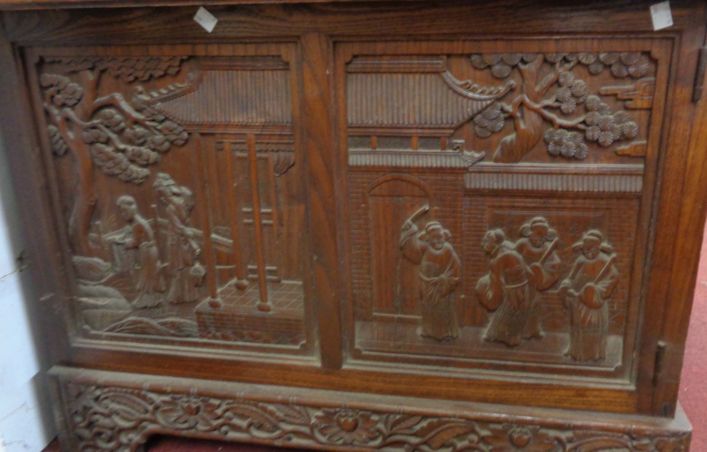 A 1.53m Chinese export polished carved hardwood twin pedestal desk, the ornate superstructure with - Image 47 of 54