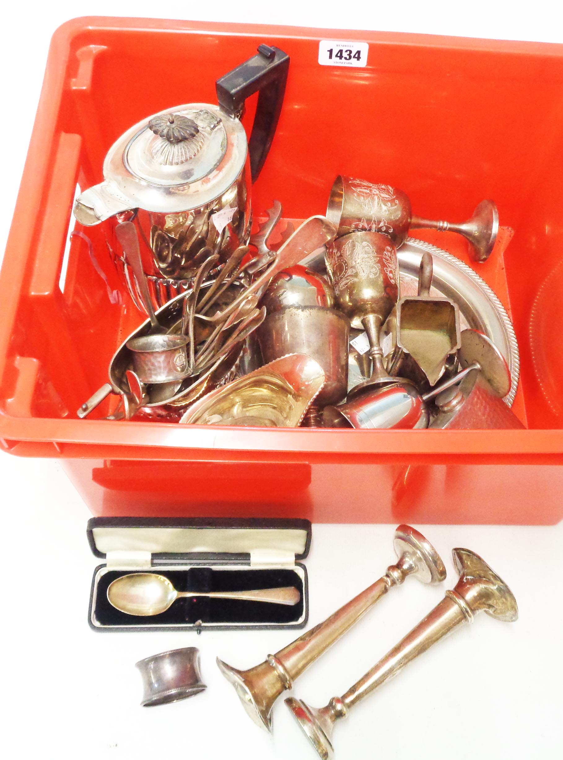 A pair of damaged silver trumpet vases, napkin ring and cased spoon - sold with a quantity of silver