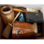 A box of assorted items including treen, brass padlock and key, camera, etc.