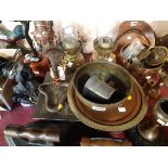 Various items of metalware including table heater, cobra pattern candlestick, plates, etc.