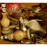 A box containing assorted lamps and wall sconces, etc.