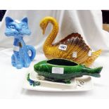 A Dartmouth pottery cat form moneybox, a Devonshire Potteries swan planter, two Honiton Pottery