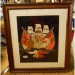 A framed and glazed naval embroidery, depicting the Royal coat of arms before crossed Red and