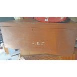 A 92cm old lift-top linen trunk with dove tailed corners - lid detached