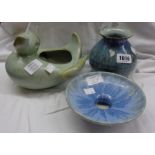 A Candy Ware pottery duck form planter - sold with a Candy vase and comport