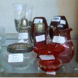 A small quantity of glassware including cranberry jug, sugar sifter, pewter overlaid wines