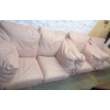 A pale pink leather upholstered three piece suite, comprising a 1.40m two seater settee and pair