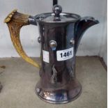 An Arts & Crafts style silver plated hot water jug with horn handle and flip-top - slight dent to
