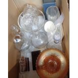 A box of assorted glassware including carnival bowl, etc.