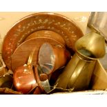 A box of assorted metalware including jugs, mortar, etc.