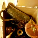 A box of assorted brassware including candlesticks, jug, etc.