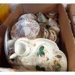 A box of assorted ceramics including continental porcelain strawberry set, Paragon china coffee cans