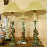 A pair of modern brass table lamps with applied verdigris effect and shades - sold with another