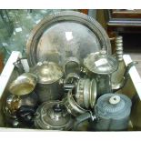 A quantity of assorted silver plated teaware and a two handled tray