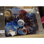 A box containing assorted china and glassware including Denby Imperial Blue pattern and coloured