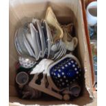 A box of china and glass including Belleek swan, novelty egg cups, fairings, etc. - various