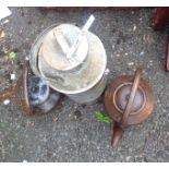 A galvanised metal dairy churn - sold with two cast iron kettles