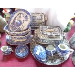 Assorted china including Victorian Palmyra pattern sauce tureens and stands, blue and white Willow