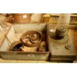 A small quantity of metalware including Kaye's Patent oil can, cast iron fly wheel, paraffin heater,