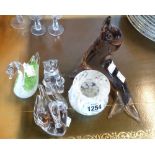 Four glass figures including Murano glass seal, etc. and an unmarked Royal Brierley lustre vase -